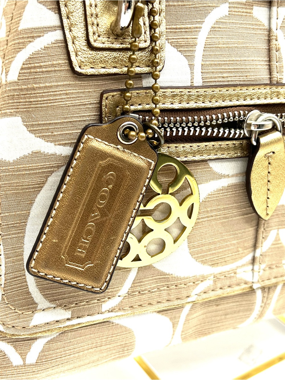 Vintage Coach Brass Signature C Charm & Gold Leather Hangtag Keychain